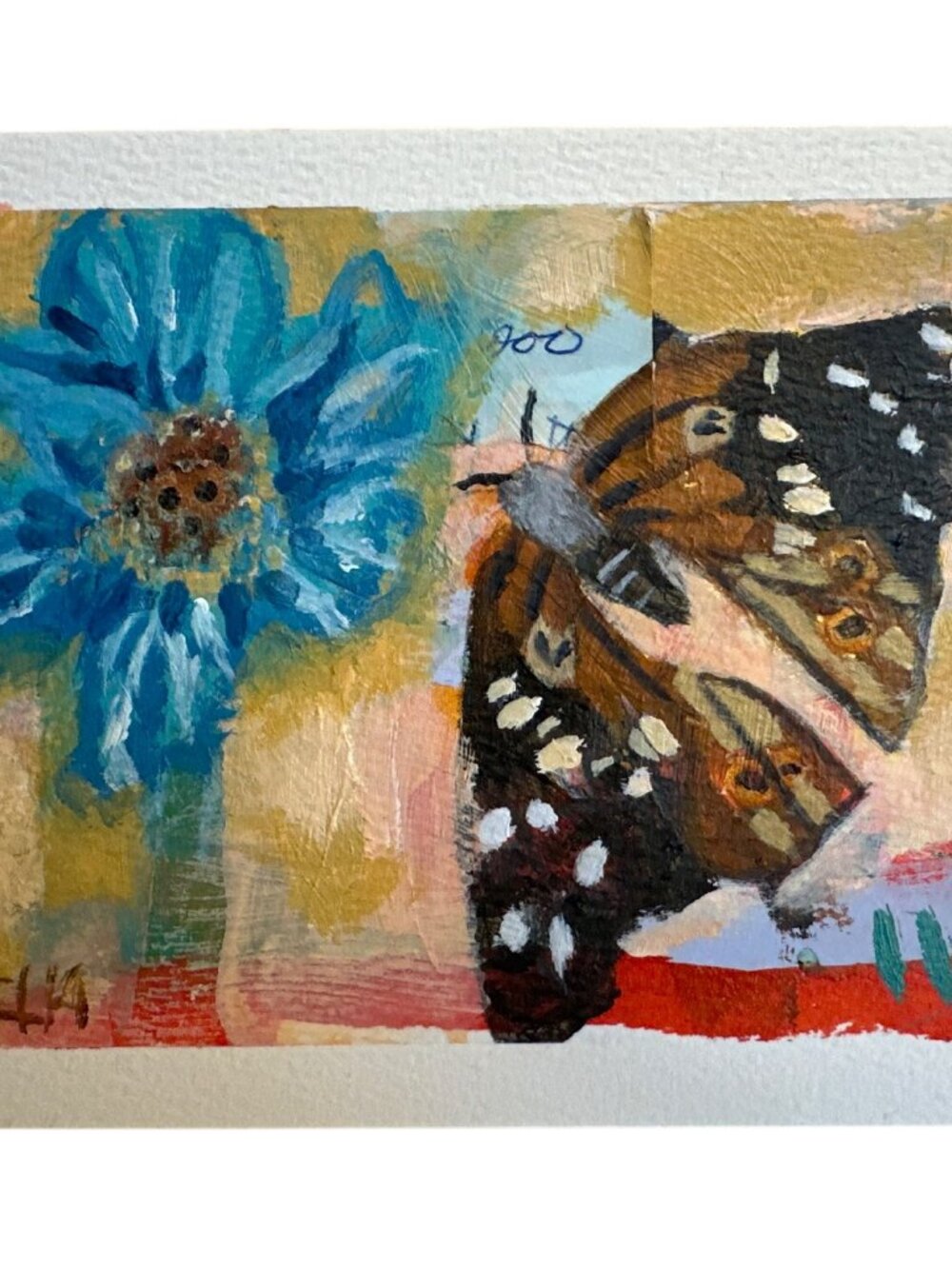 Blue Flower & Butterfly Hand-Painted Original Artwork 5x7" Nature Wall Art